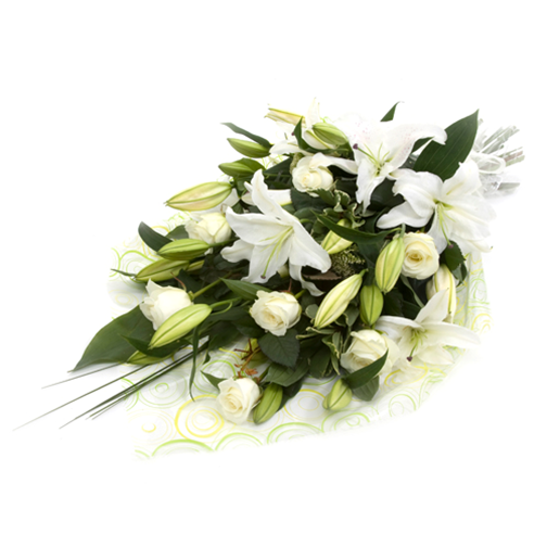 2C - Tied Sheaf - All white lillies and roses